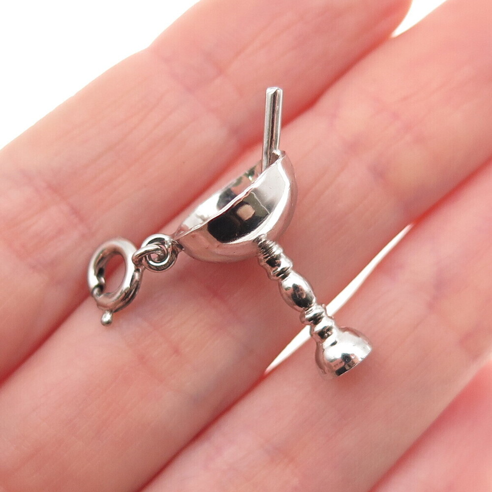 925 Sterling Silver Vintage Cocktail Glass Spring Ring Lock 3D Charm Pendant